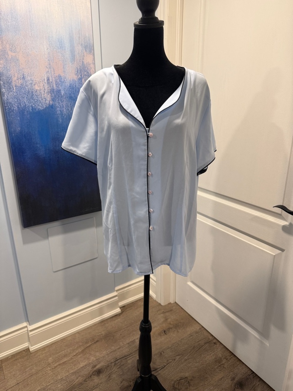 Vintage Light Blue Short-Sleeve Button Front Blouse